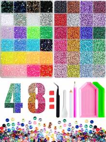Kit de 2 cajas de strass de resina redondos multicolores mezclados de 3 mm, brillantes de fondo plano, con lápiz aplicador de cera, pinzas, bandeja para strass y herramientas para arte de uñas, vasos, ropa, scrapbooking y manualidades DIY, dijes para uñas - Multicolor - Ver 1