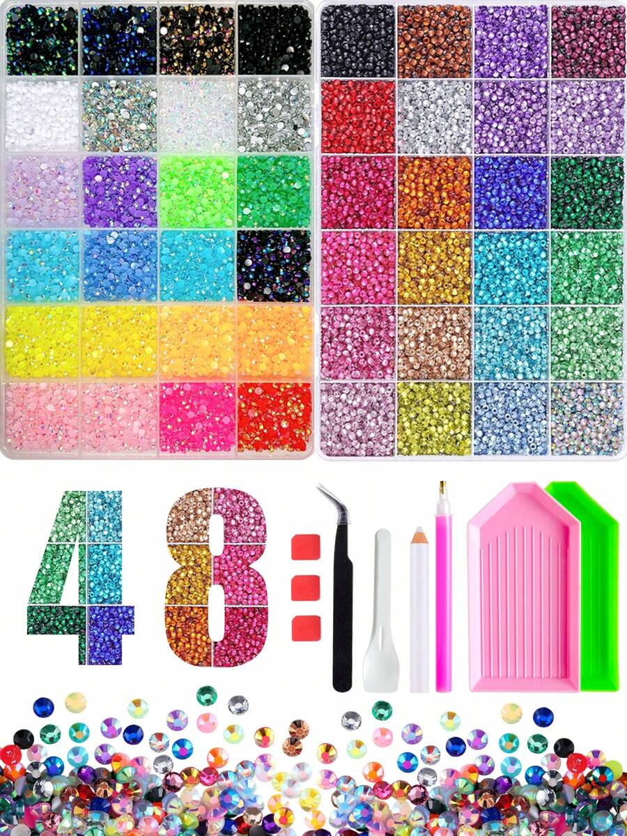 Kit de 2 cajas de strass de resina redondos multicolores mezclados de 3 mm, brillantes de fondo plano, con lápiz aplicador de cera, pinzas, bandeja para strass y herramientas para arte de uñas, vasos, ropa, scrapbooking y manualidades DIY, dijes para uñas - Multicolor - Ver 1
