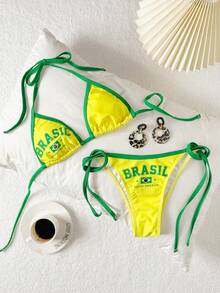 Y2K BRASIL 字母印花掛脖比基尼套裝 綠色滾邊 側綁帶 高衩 海灘泳衣 度假夏季款 - 黃綠色 - 查看 3