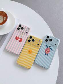 3pcs Transparent Anti-Drop Full Coverage TPU Soft Phone Case, UV Printed Pink Stripes With Cherry Turtle Sun Combination Pattern Fashionable Phone Case, Compatible With IPhone 7/8/7PLUS/8PLUS/X/XS/XR/XSMAX/11/11PRO/11PROMAX/12/12PRO/12PROMAX/12MINI/13/13PRO/13PROMAX/13MINI/14/14PRO/14PROMAX/14PLUS/15/15PRO/15PROMAX/15PLUS/16/16pro/16promax/16PLUS/17/17pro18/18 Pro/18 Pro Max - Multicolor - View 3