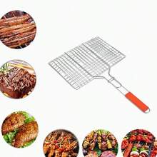 Large Barbecue Grill Rack/Basket, Meat/Burger/Fish/Seafood/Chicken Wing Clamp, Rectangular Folding Tool With Wooden Handle. - Rectangular With Wooden Handle - View 4