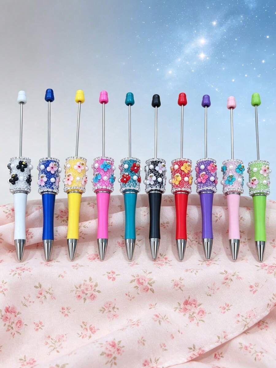 [20pcs]10 Cute Bee & Flower Beaded Ballpoint Pen Set With 10 Extended Rods For More Creative Needs, Multi-Color Assortment, Suitable For School, Office And Gifts - Multicolor - View 1