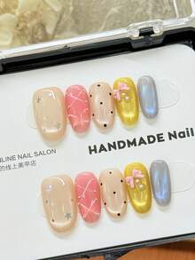 10PCS Luxury Multicolor Cat Eye Press On Nails, Handmade Short Square False Nails With 3D Bow, Holographic Star & Polka Dot Detail, Elegant Coquette Nail Tips, Reusable Cute Kawaii Nail Art - Multicolor - View 2