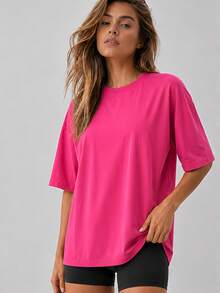 Camiseta holgada y extragrande de mujer con hombros caídos, color fucsia liso, manga corta, cuello redondo, top casual de verano, estilo básico Y2K 2026, deportiva - Rosa Fucsia - Ver 2