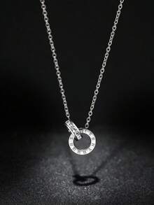 1件羅馬雙環不鏽鋼鋯石項鍊，輕奢經典百搭鎖骨鏈飾品，適合女性日常配戴 - 銀色 - 查看 3