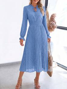 PRETTYGARDEN Women's Spring Fall Midi Dress Casual Long Sleeve V Neck Swiss Dot Pleated A Line Flowy Dresses New Years Party Valentine Vacation Dresses For Women - 淺藍色 - 查看 5