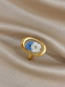 Juego de Anillos Ovalados con Flores Secas Serie Azul, Anillo de Acero Inoxidable Dorado para Mujer, Joyería para Uso Diario, Fiesta, Vacaciones, Cumpleaños y Viajes - Multicolor - Ver 12