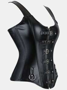 Women's Dark Punk PU Leather Double Strap Corset Top, Waist-Cinching Body-Shaping Bustier, Sexy Vintage Bust-Support Top, Daily Party Wear, Halloween Costume, Cosplay, Black Corset Top - Black - View 4