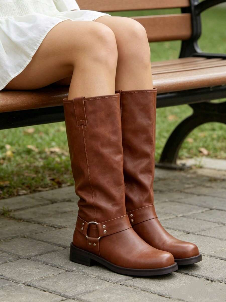 Squared Toe Knee High Boots For Women Pull On Riding Tall Boots With Buckle Punk Knee-High Boots For Women Chunky Heel Flat Boots Low Heel Long Boots - Brown - View 1
