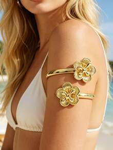 6 Stücke Set exquisite Blumen-Serie Metall-Armreifen, verstellbare Sommer-Blumen-Schmetterling-Blatt-vielseitige Armbänder, einzigartiges geschichtetes Design, geeignet für den täglichen Gebrauch, Zusammenkünfte, Partys, Geschenke - 6 Stück Gold-1 - Übersicht 3