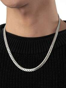 1pc Fashion Men's Stainless Steel Flat Embossed Chain Necklace, Personalized Hip Hop Embossed NK Chain Neck Chain, Suitable For Daily, Party, Commute, Versatile Wear And Gift Giving - Silver - View 6