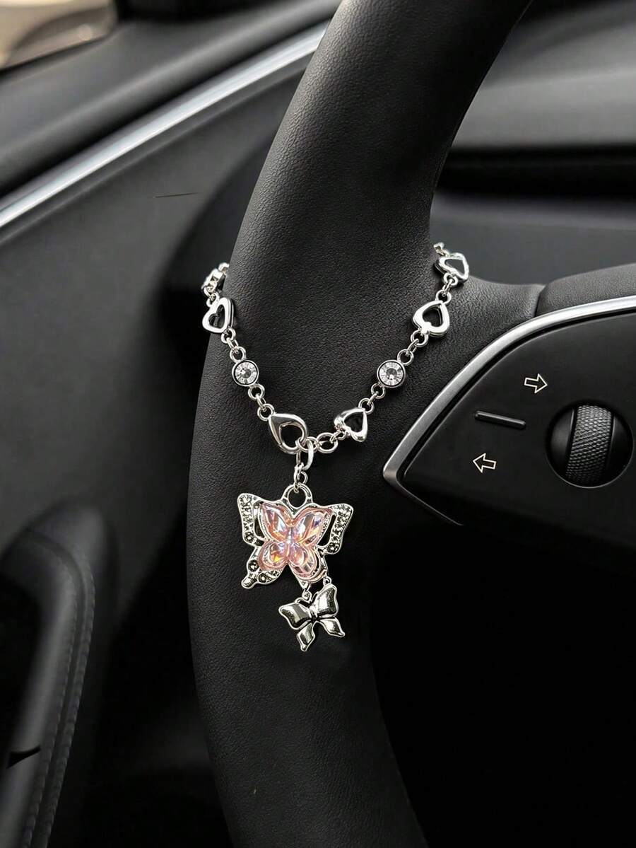 粉色蝴蝶水鑽車用掛飾,時尚精緻優雅車用方向盤裝飾,優雅水晶吊飾適用於後視鏡/方向盤/包包/鑰匙圈,情人節與派對禮物 - A - 查看 1