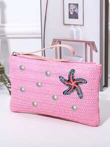 Beach Straw Woven Makeup Bag, Rhinestone Starfish And Pearl Decor, Women's Clutch, Summer Vacation Zipper Coin Purse, Bohemian Style Wrist Bag, Portable Makeup Bag, Woven Wrist Bag, Tropical Style Bag, Suitable For Travel, Beach Vacation, Outings, School, Daily Use, Unique Birthday Gift, Holiday Gift, Party Gift, Vacation Gift, Back To School Gift, Teacher Gift - Multicolor - View 15