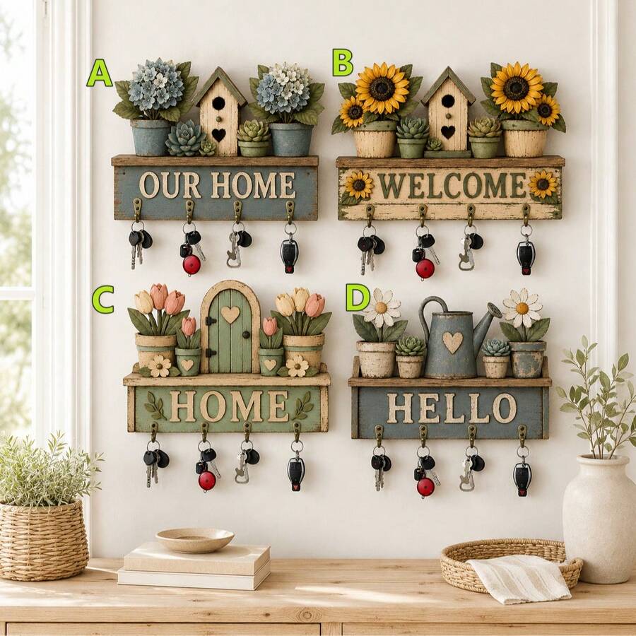 1pc Vintage Green Plant Wooden Multi-Functional Keychain With 4 Metal Hooks, Wall Mount Decoration For Porch, Room, Villa, Entryway Organizer, Rustic Home Decor Accessory, Space-Saving Storage Solution - Multicolor - View 1