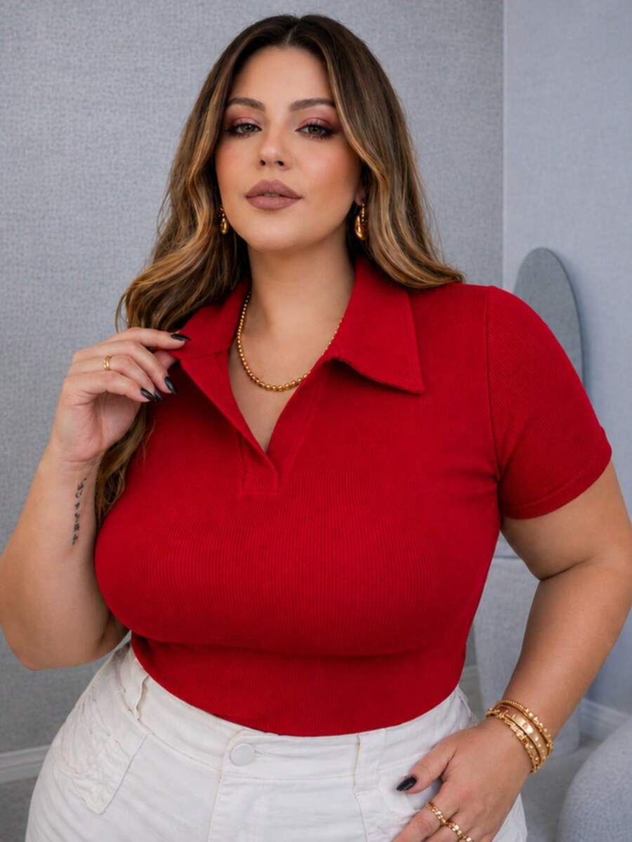 T-Shirt, Blouse, Polo Shirt, Ribbed Cotton, Comfortable, Elegant, Everyday, Casual, Plus Size 007 - 紅色 - 查看 1