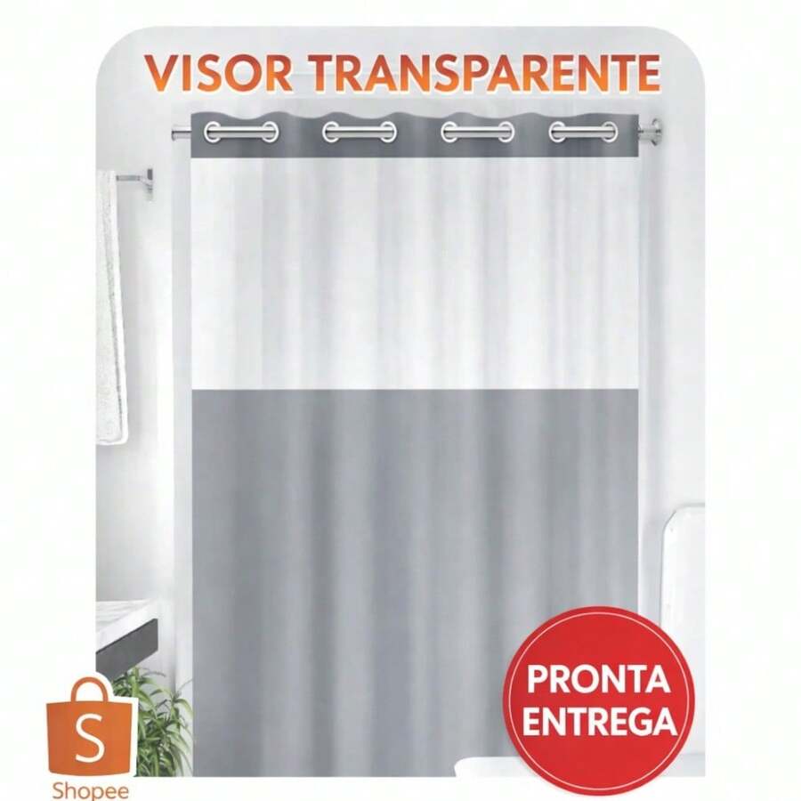 Cortina Box Banheiro Lisa Antimofo Pvc - cinza com visor - Visão 1