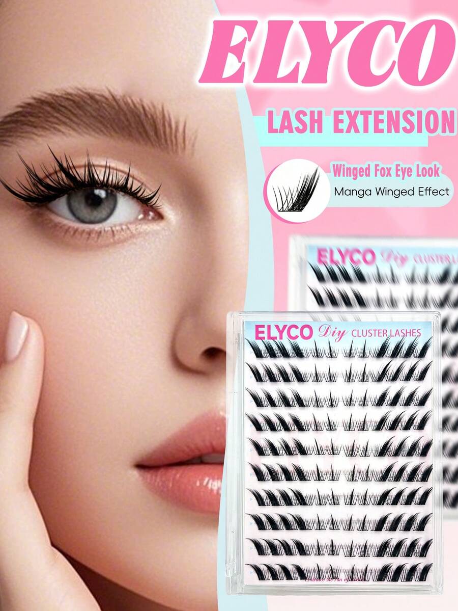 ELYCO 120 Clusters Slanted Fox-Eye Style False Eyelashes, Natural Slanted Wispy Design, Reusable Mixed Length DIY Segmented Eyelash Extensions For Easier Application, Suitable For Daily, Party And Evening Wear - J - View 1