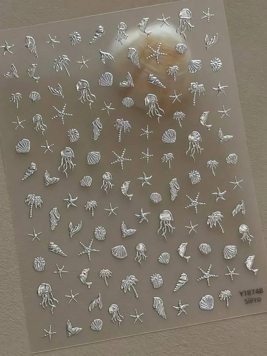 1片金屬銀色美甲貼紙，3D浮雕海洋生物與貝殼設計，優雅海洋風美甲裝飾貼紙 - 彩色 - 查看 1