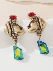1 par de pendientes colgantes vintage exóticos con retrato de hombre francés antiguo, oro antiguo desgastado con color block de strass rojo, gotas de oreja facetadas iridiscentes, pendientes de botón artísticos exagerados de nicho únicos - Multicolor - Ver 4