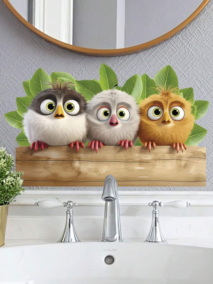 1pc Cartoon Cute 3 Birds & Green Plants Removable Room Decor Wall Sticker, Suitable For Bedroom, Living Room, Kids Room - 1PC - View 1