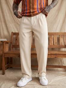 glestore Men's Retro Casual Solid Color Straight Leg Pants, Elastic Waistband Design, All Season Versatile Essential - Khaki - View 4