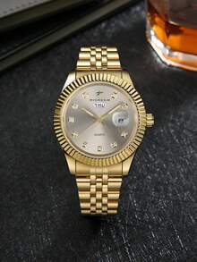 RICECGO 1pc Classic Men's Quartz Watch With Dual Calendar Display, Business Casual Steel Band Wristwatch, Fashionable And Reliable, Suitable As Father's Gift - Gold - View 12