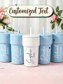 Vaso térmico de acero inoxidable personalizado, taza de viaje con nombre personalizado, regalo de dama de honor taza de café, regalo personalizado, vaso térmico con pajita, taza de viaje personalizada, vaso térmico, regalo de dama de honor, vaso térmico con tapa, invitación de dama de honor, despedida de soltera, taza de café - Multicolor - Ver 1