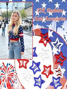 Women's "July 4th" Patriotic Theme Red White Blue Hollow Star Hair Clip - Y2K Style Glossy Non-Slip Hair Accessory, Secure And Damage-Free, Suitable For Independence Day, Memorial Day, Parades, Barbecues, Pool Parties And Daily Wear; Cute American Flag Color Hair Clip, Suitable For All Hair Types.,Claw Clips - Multicolor - View 5