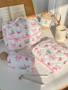 1 pieza/Set Bolsa de cosméticos acolchada con estampado lindo de cereza & lazo, almacenamiento para artículos de tocador, bolsa multiusos para maquillaje & artículos sanitarios para niñas, uso de viaje & diario - Multicolor - Ver 5