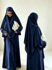 Solid Purple Loose Abaya With Attached Hijab, Ruffled Cuff Long Sleeve Modest Jilbab Maxi Dress, Elegant Islamic Daily Prayer Outfit For Muslim Women - Multicolor - View 4