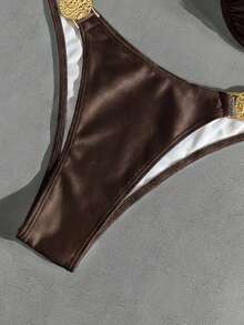 Bikinx 女款純色金色裝飾肩帶比基尼套裝，鋼圈式設計搭配後背繫帶，適合海灘度假夏季 - 棕色 - 查看 9