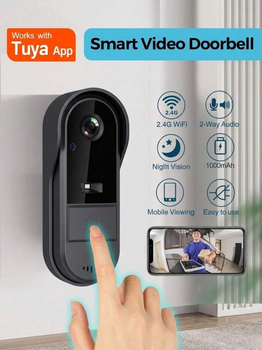 Timbre de video inalámbrico inteligente, compatible con visión nocturna, alertas en tiempo real, cambio de voz, captura de fotos/videos y audio bidireccional - Negro - Ver 1