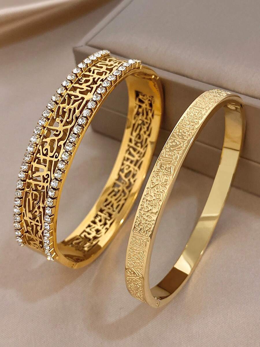 1Pc/2pcs Luxuy Zirconia Hollow Engraved Bangle Bracelet,Stainless Steel Jewelry Set For Women,Daily/Boho/Party/Wedding,Mom Gifts,Valentine Birthday - Multicolor - View 1