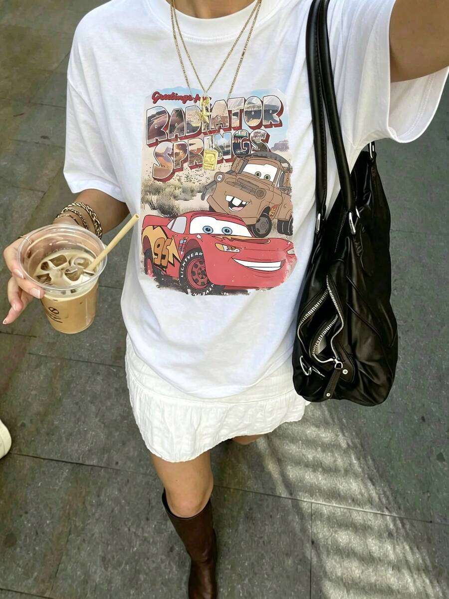 Disney Cars Vintage Poster T-Shirt McQueen Mater Radiator Springs Unisex Loose Cotton Short Sleeve Cool Personalized Top - 白色 - 查看 1