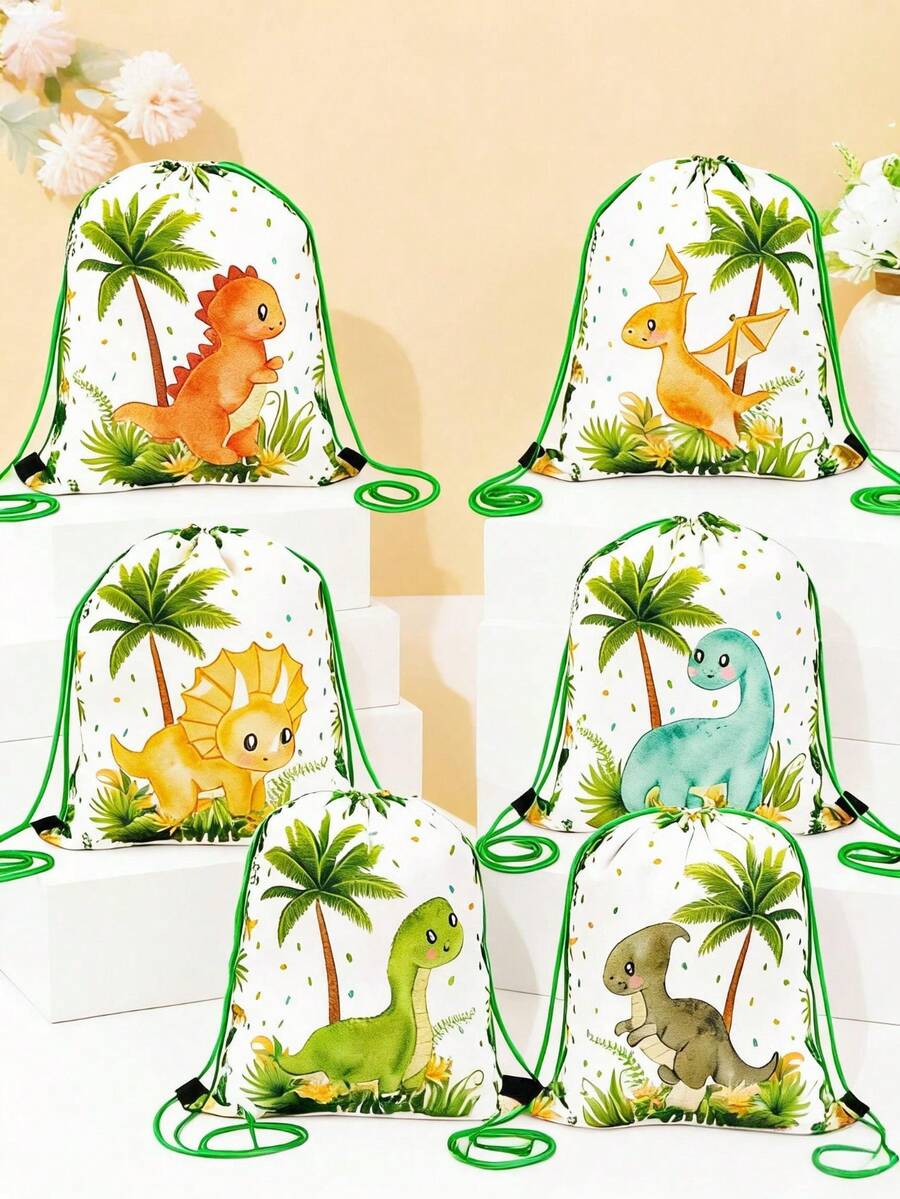 6入組恐龍動物主題抽繩袋、繫帶袋、禮品包裝用品、禮品包裝袋、生日派對用品、兒童生日禮物、零食收納袋、派對袋、糖果袋、派對袋填充物、嬰兒洗禮裝飾、派對禮物、派對贈品