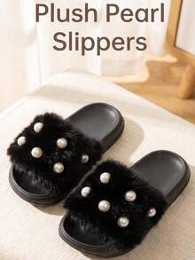 1 Pair Winter Girls Fashion Faux Pearl Style Home Slippers, EVA Ultra-Light Sole Design, Slip-On Home Slippers, Easy To Put On And Take Off - Black - View 4