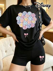 Disney Official Licensed Lilo & Stitch 2-Piece Set, Women's White Tee & Biker Shorts, Featuring Pastel Mickey Balloon Print With Pink Bow, - 黑色 - 查看 1