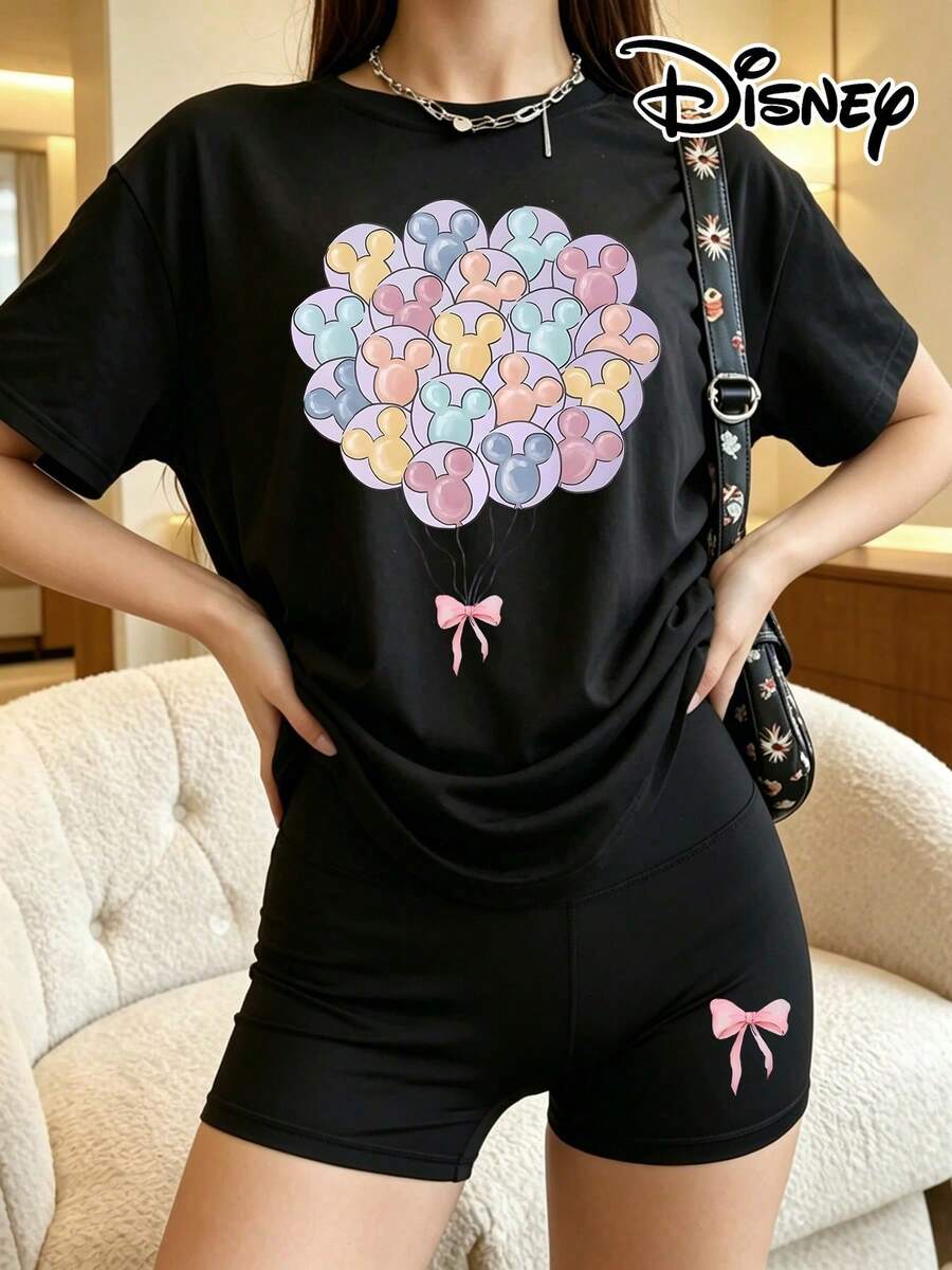 Disney Official Licensed Lilo & Stitch 2-Piece Set, Women's White Tee & Biker Shorts, Featuring Pastel Mickey Balloon Print With Pink Bow, - 黑色 - 查看 1