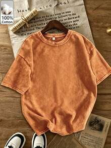 Women's Casual Knitted Short Sleeve T-Shirt, Distressed Orange Round Neck, Cute & Elegant Top, Suitable For Autumn Wear, Medium Stretch Fabric, Outdoor, Y2K, Street Style - Orange Red - View 7