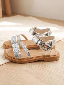 1 Paar Mädchen Silber Glitzer Doppeltriemen Prinzessin Sandalen, verstellbare Metallschnalle Knöchelriemen, rutschfeste flache Sohle, atmungsaktive offene Zehenpartie leichte Sommerschuhe, geeignet für Kleinkinder.Kinder Alltag.Party.Bühne.Reisen.Zuhause.Outdoor Kindersandalen - Silber - Übersicht 3