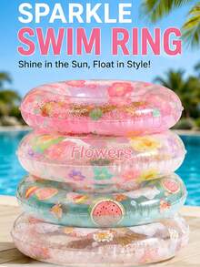 1 Stück aufblasbarer Schwimmring mit Pailletten, Blumen- und Fruchtmuster, Glitzer-Poolring für Erwachsene, Junggesellinnenabschied, Strand- und Wasserparty, Sommer-Schwimm-Lounge-Stuhl, Pool-Dekoration und Strandzubehör, ideales Geburtstagsgeschenk für Frauen - Gemischt - Übersicht 3
