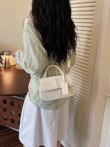 女款方形手提包，雙色格紋拼接設計，時尚優雅簡約，白色斜背包 - 白色 - 查看 4