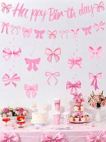 Chic Pink Bow Birthday Banner And Spiral Decorations - Classic Paper Hanging Ornaments For Party Celebrations, English Text, Birthday Party Decorations Pink Bow Birthday Banner Celebration Decor - Multicolor - View 10