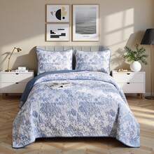 Draelibor 3 Pieces Botanical Leaves Flower Quilt Set,Twin Full Queen King Size Boho Floral Branches Soft Microfiber Coverlet Set For All Season,For Mother's Day/Wedding/Christmas/Halloween Gifts,Home Room Bedroom Bed Decor(1 Bedspread, 2 Pillowcases) - Blue - View 15