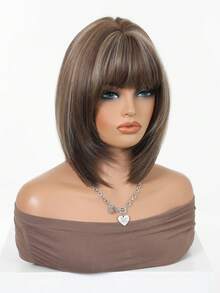 12 Inch Gradient Brown Caramel Highlighted Bob Wig, Lightweight Soft Synthetic Fiber, Neat Long Face-Framing Bangs, Comfortable Adjustable Wig Cap, Suitable For Daily Commute, Vintage Photo Shoot, Cosplay Party, Women's Fashion Synthetic Wig - Brown Highlight - View 4