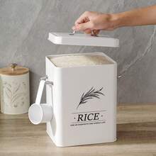 Vintage White Metal Rice Bucket With Lid And Measuring Spoon, Large Airtight Grain Storage Container, Moisture-Proof, Suitable For Kitchen Countertop, 5/10KG Capacity, Ideal For Storing Rice, Flour, Oats And Dry Goods - White - View 12