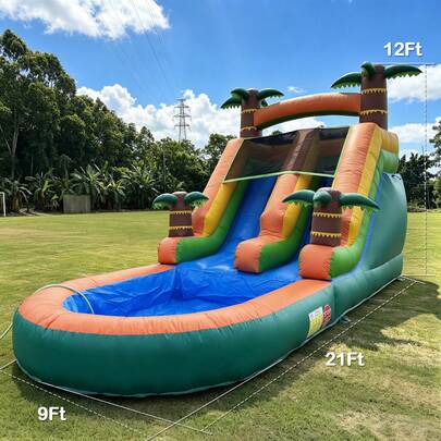 21Ft Inflatable Water Slide With Attached Pool, 0.45mm Commercial PVC, 950W Blower, Dry Wet Use, Family Size Inflatable Swimming Pool For Kids & Adults, 21 X 9 X 12 Ft