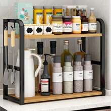 2-Tier Spice Rack Countertop Organizer Shelf, Space Saving Coffee Bar Shelf With Carbon Steel & Wood – Easy Assembly, Multi-Purpose Kitchen Storage Rack - Black - View 1