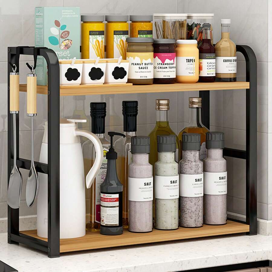 2-Tier Spice Rack Countertop Organizer Shelf, Space Saving Coffee Bar Shelf With Carbon Steel & Wood – Easy Assembly, Multi-Purpose Kitchen Storage Rack - Black - View 1