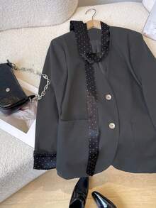 Black Polka Dot Blazer, V-Neck With Satin Detail And Large Pockets, Suitable For Work, Party And World Cup Occasions, Women's Versatile Commuter Fashion Jacket - Grey - View 8